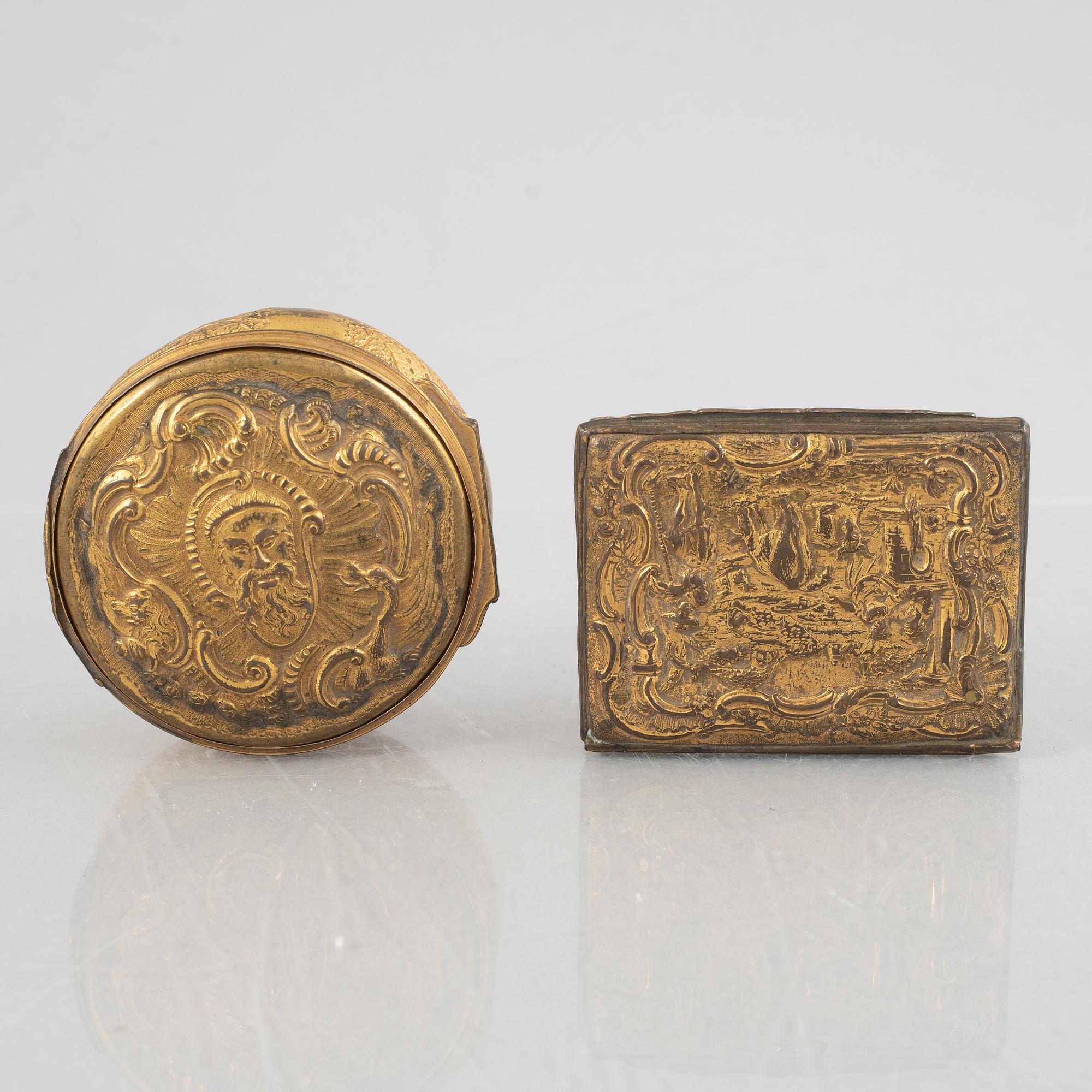Two Louis XV gilt copper snuff boxes, later part 18th century.