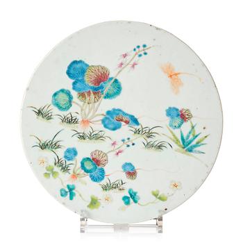 987. A famille rose porcelain plaque, late Qing dynasty.