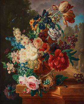 Gerrit Johan van Leeuwen, Still life with an urn with flowers, a birdsnest and insects.