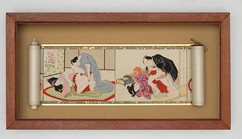 106. MÅLNING PÅ SIDEN MED 12 SHUNGAMOTIV av okänd konstnär, Kina 1900-tal.