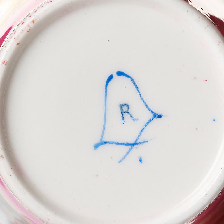 A French 'Sèvres' 'porcelain tendre' cup, cover and trembleuse saucer, 19th Century, blue interlaced L's.