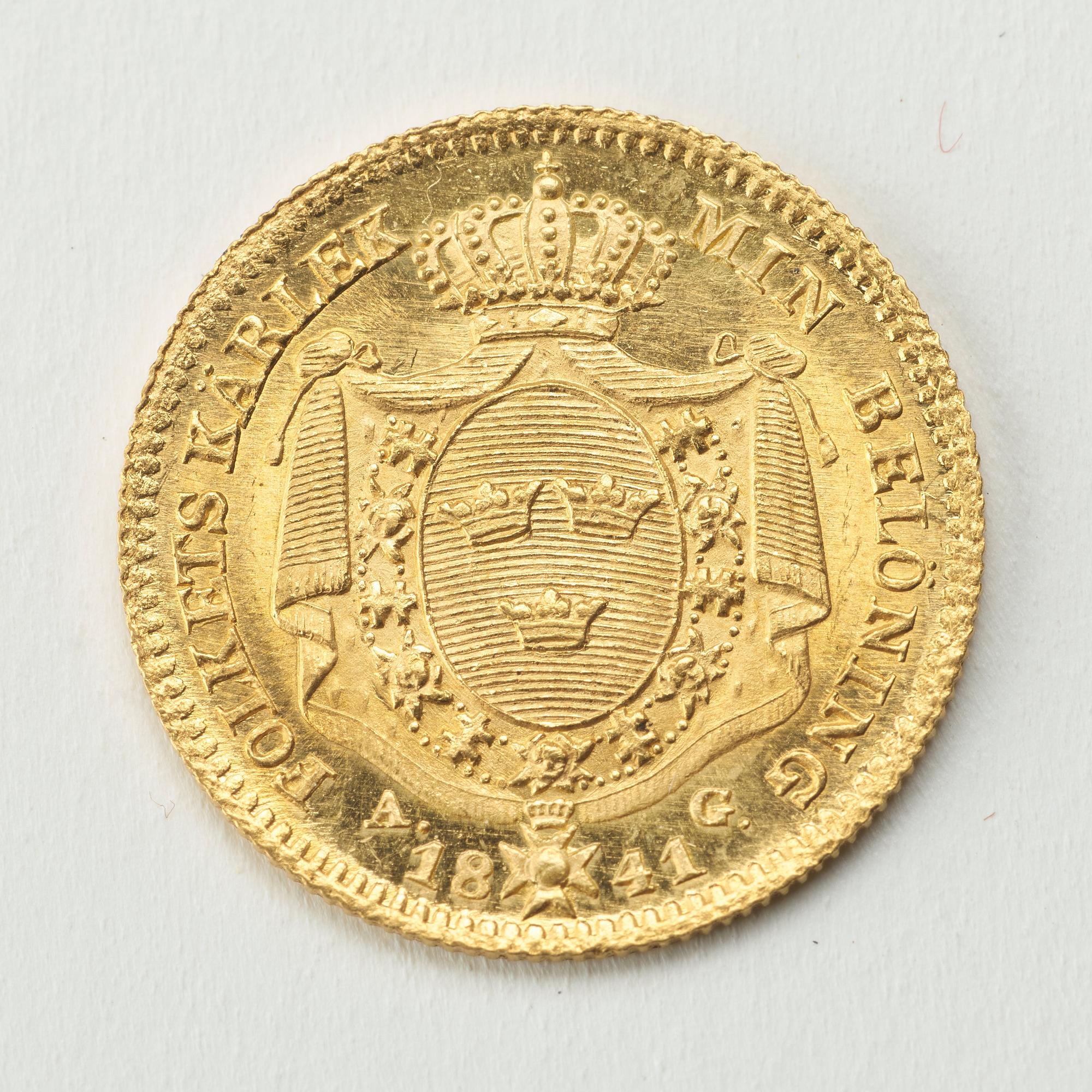 A gold 1 ducat coin Karl XIV Johan of Sweden, 1841.