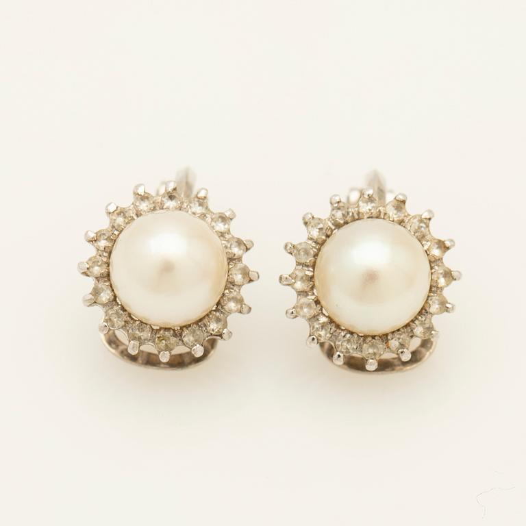 Earrings, a pair, 18K white gold with pearls and diamonds.