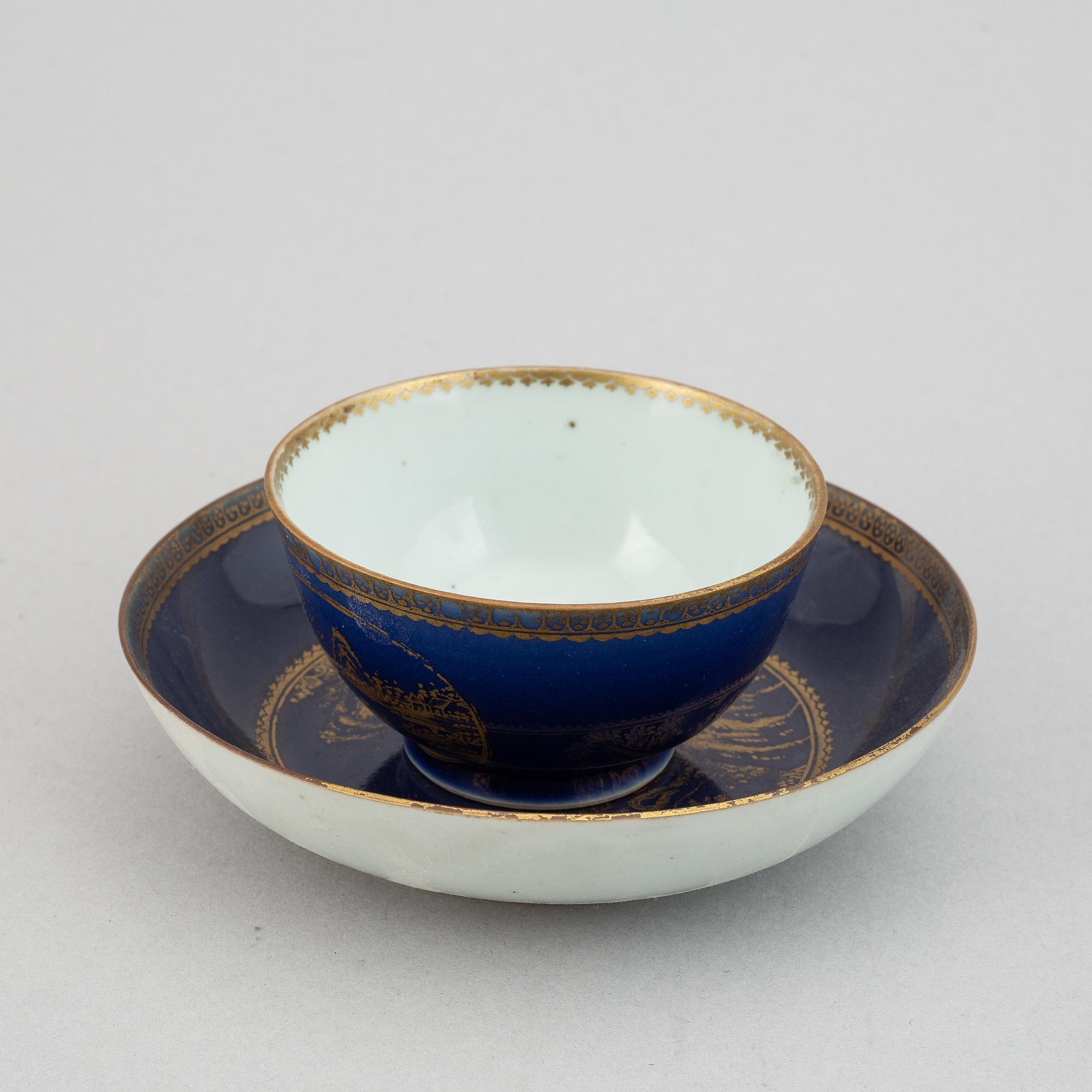 Six powder blue and gilt porcelain cups with saucers, Qing dynasty, Qianlong (1736-95).