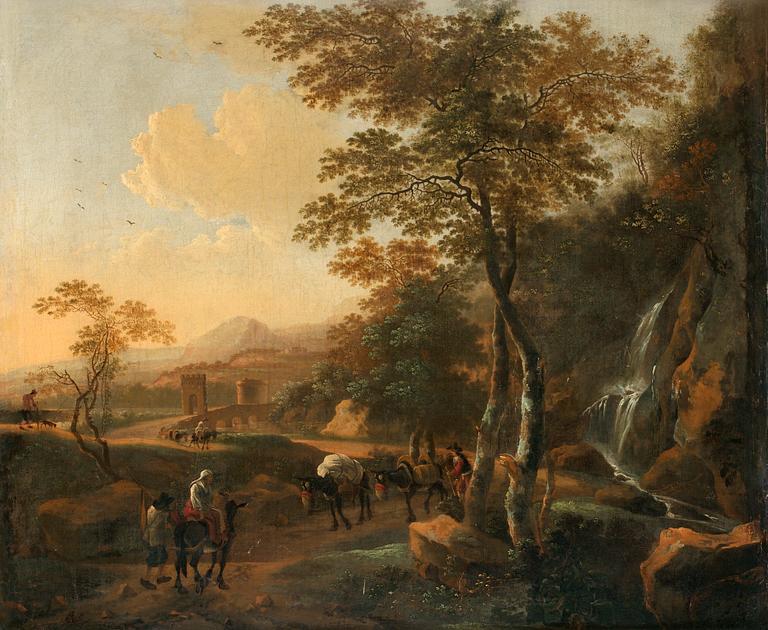 Jan Dirksz Both Tillskriven, Italieniserande landskap med boskap och figurer.