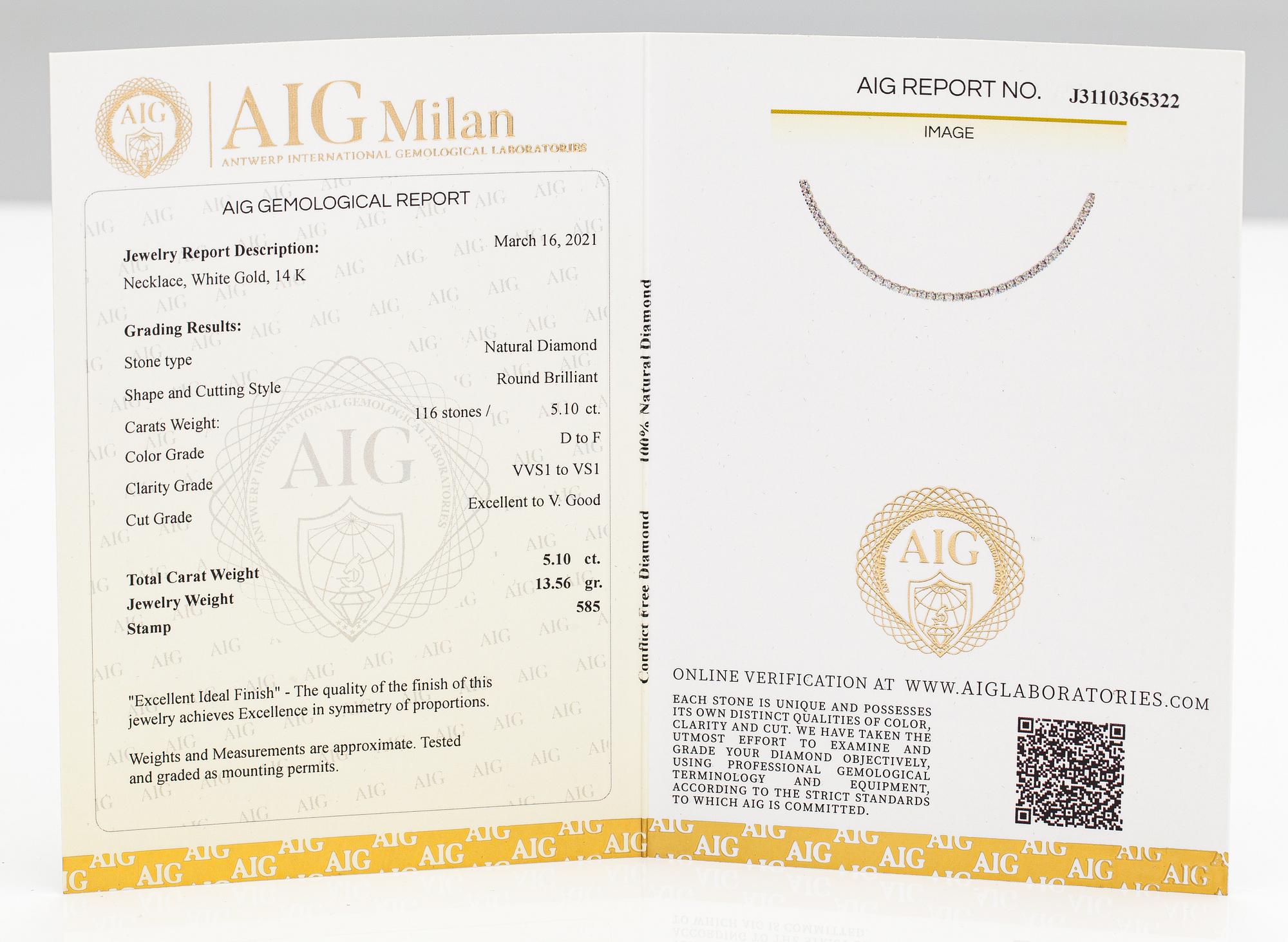 Tennishalsband/-armband, 14K vitguld, diamanter ca 5.10 ct tot. Med AIG-certifikat.