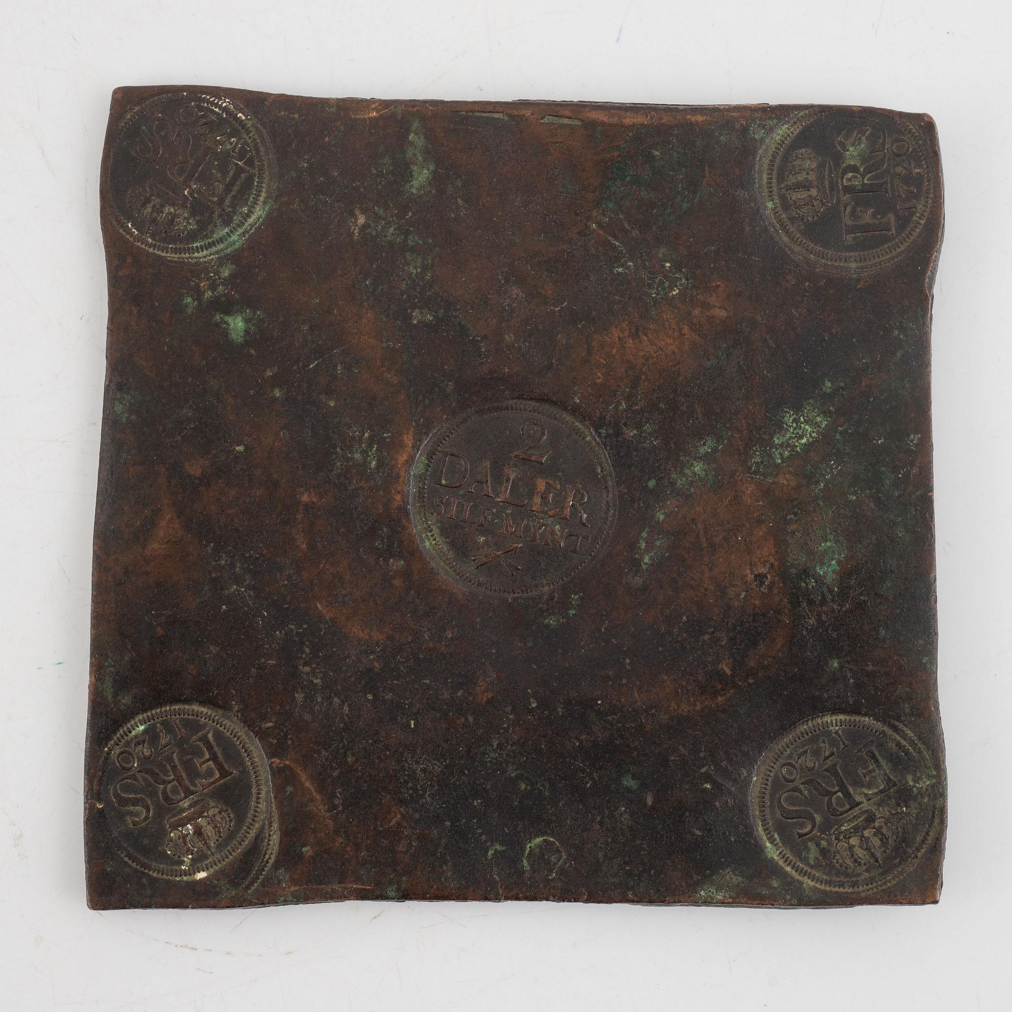 Fredrik I, plåtmynt, 2 daler silvermynt, Avesta 1720.