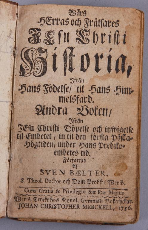 PARTI BÖCKER, 17 st, teologi, katekeser, biblar, psalmböcker, mest 1700- och 1800-tal. Bla "Kyrckiohistoria öfwer nya testamentet", av M. Erlando Dryselio, Jönköping 1708.