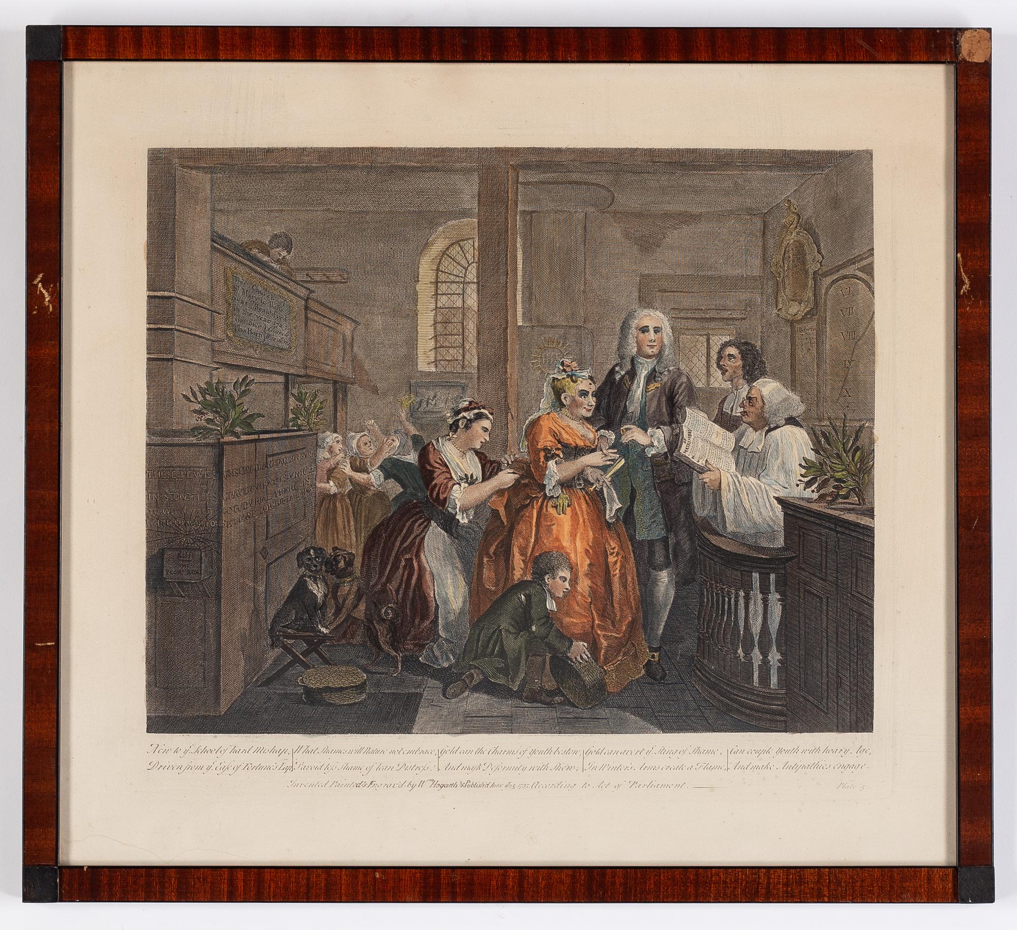 William Hogarth, efter, åtta stycken kolorerade etsningar och gravyrer.