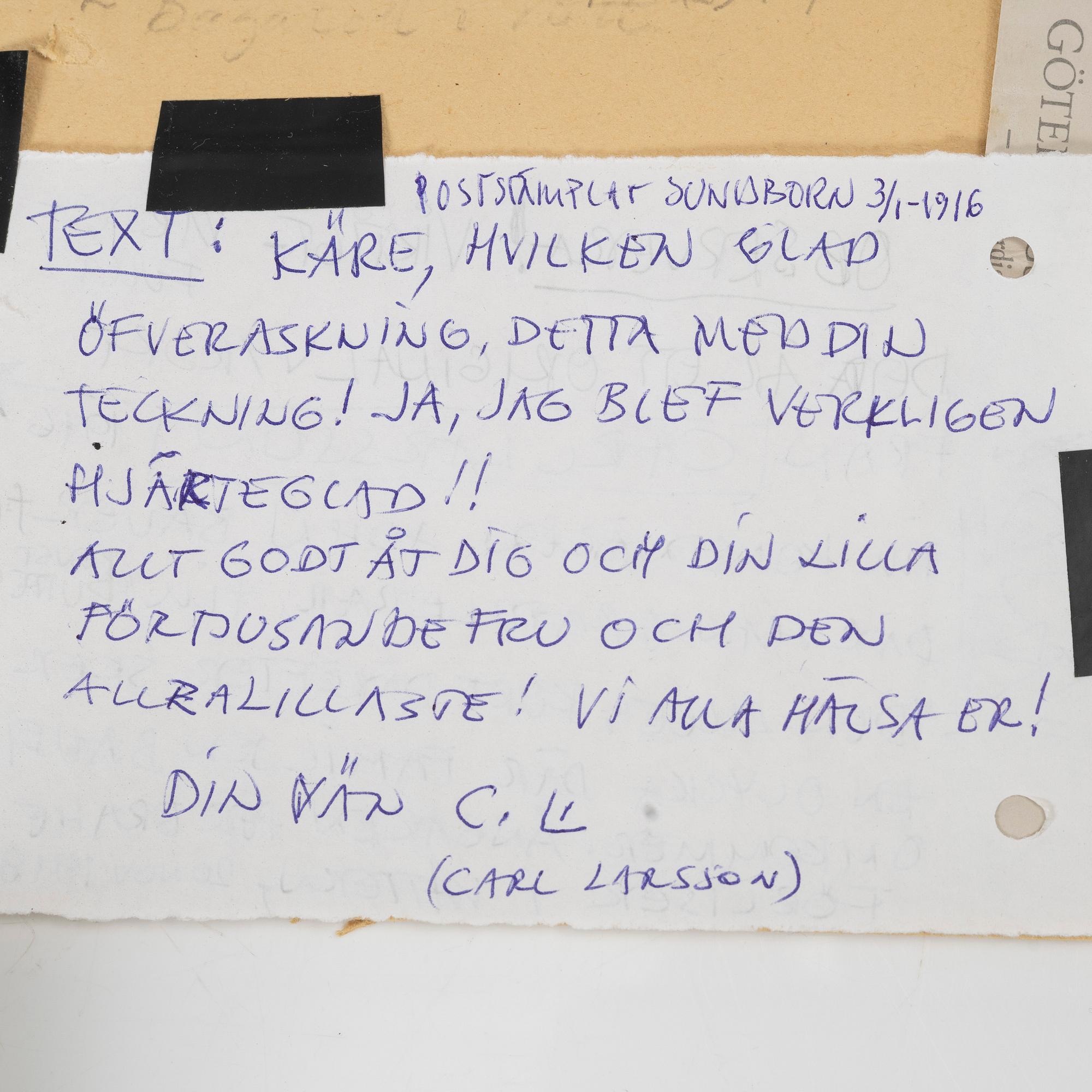 Carl Larsson, Autographed postcard from Carl Larsson to John Bauer, dated Sundborn 1916.