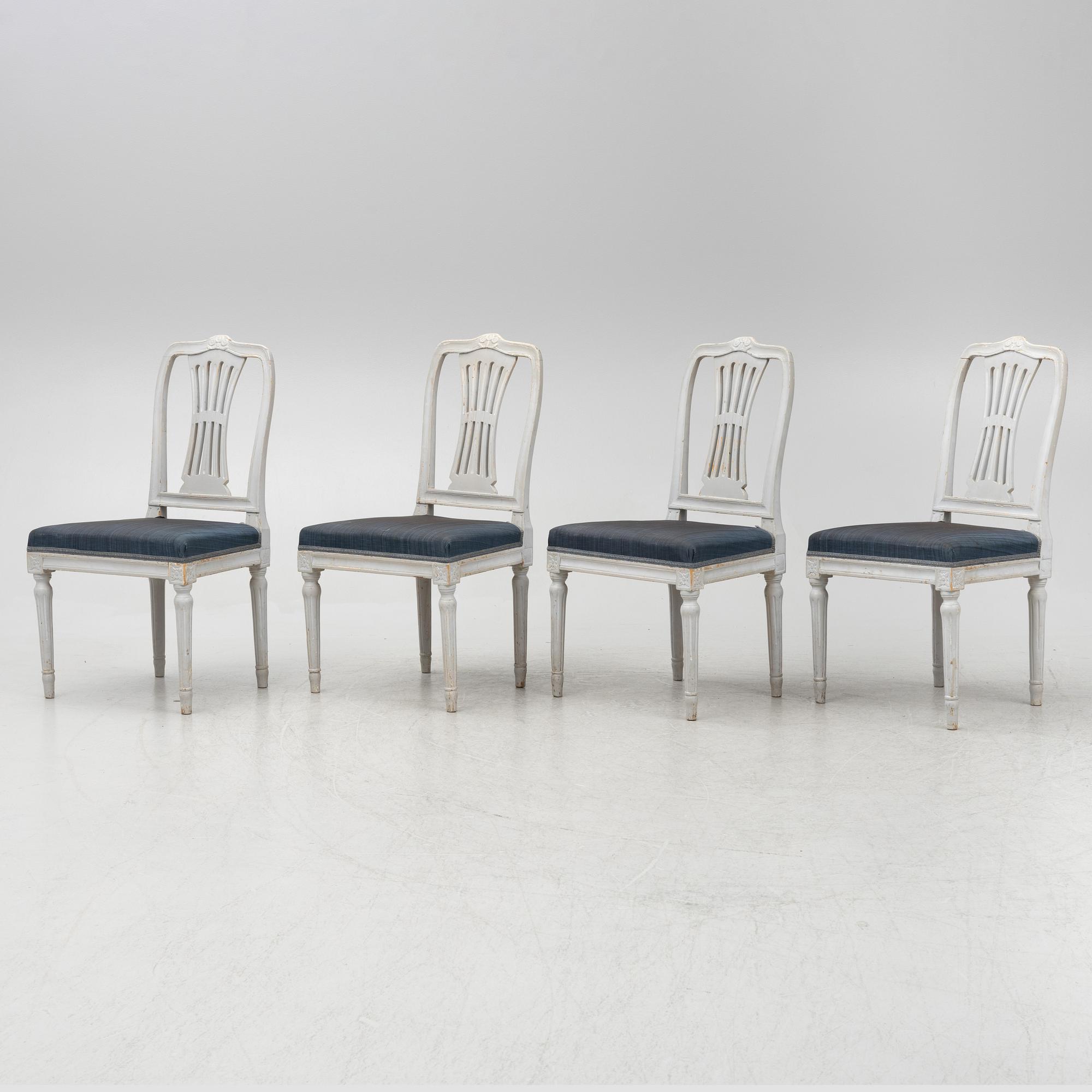 A set of four Gustavian chairs from Lindome, late 18th century.