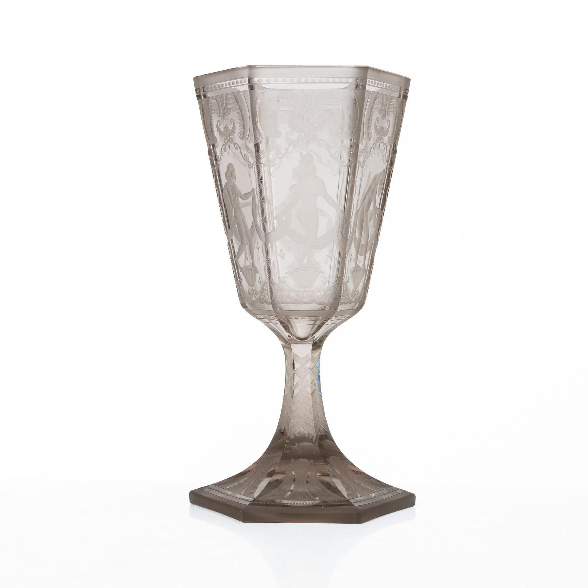 Simon Gate, a glass cup, 'Sex Gracer', Orrefors, Sweden, 1922.