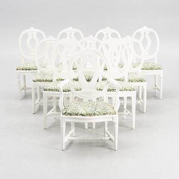 Nine similar Gustavian chairs and one armchair, Sweden, around 1800.