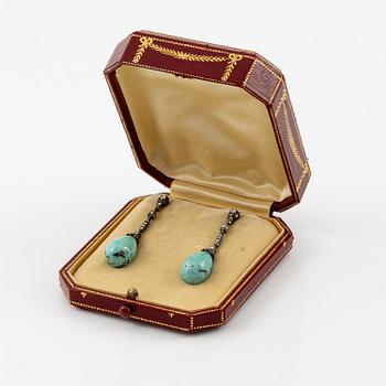 A pair of silver and 18K gold earrings with turquoise drops and rose-cut diamonds.