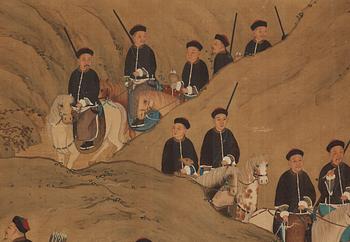 A large hand scroll of an imperial hunting part, Qing dynasty.