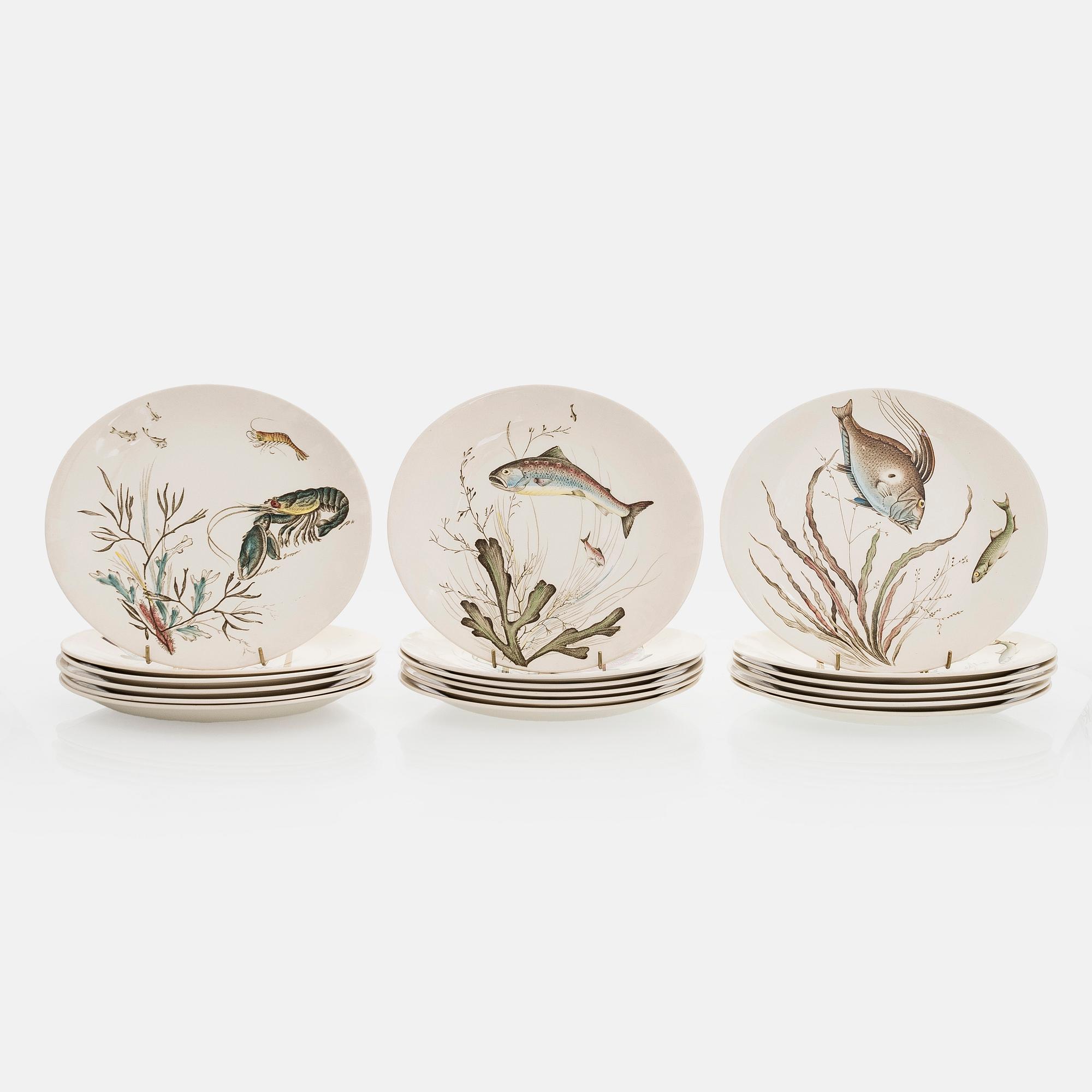 18 “Fishes” plates, earthenware, Johnson Bros, England, first half/mid-20th century.