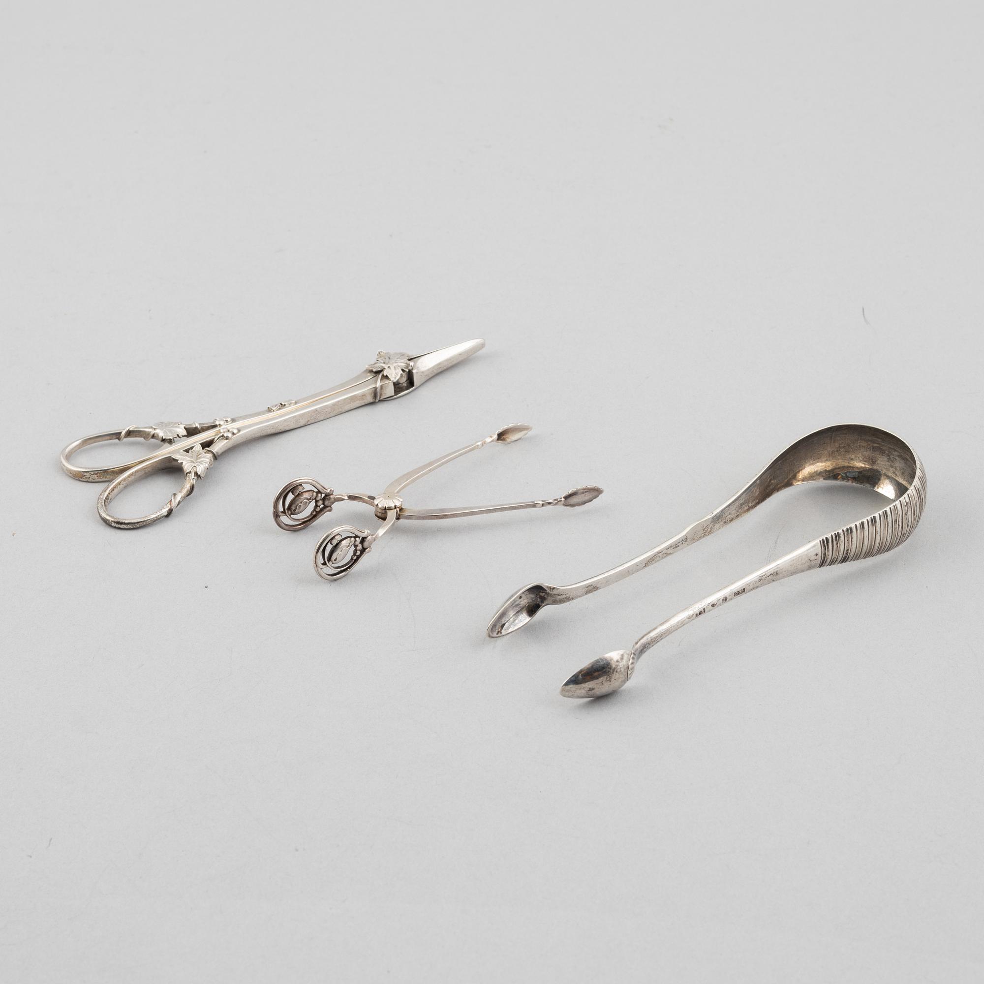Three silver tongs, Sweden and Denmark, 1834-1923.