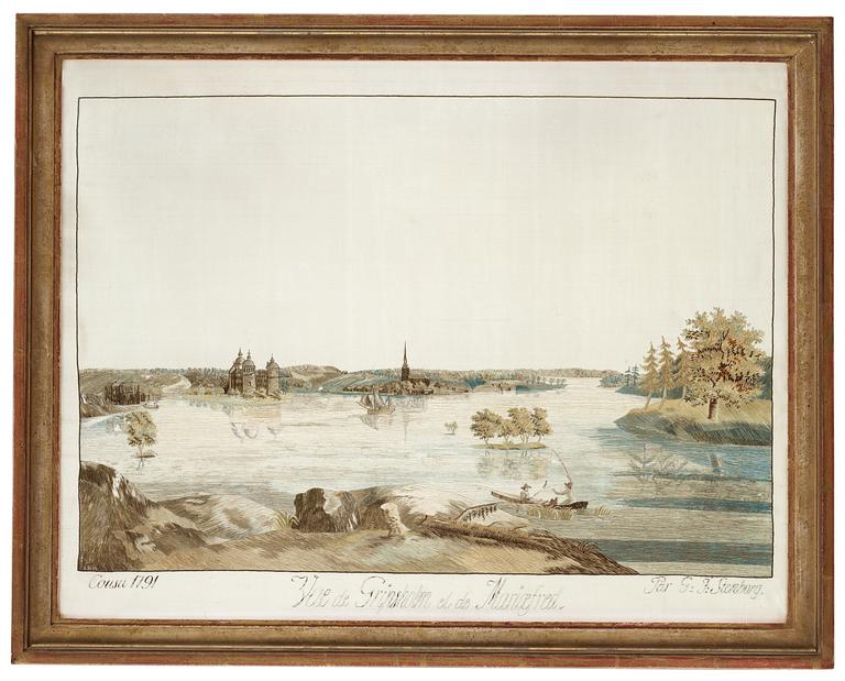 BRODERAD TAVLA. "Vue de Gripsholm et de Mariaefred". 43,5 x 56,5 cm. "Cousu 1791 Par G: J: Stenborg.".