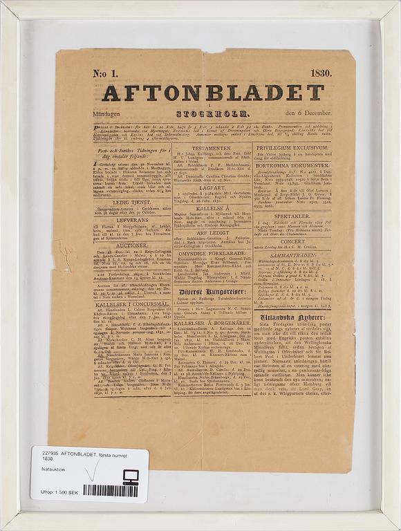 AFTONBLADET, första numret 1830.