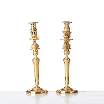 A pair of French Empire three-light candelabra, beginning of 19th century.