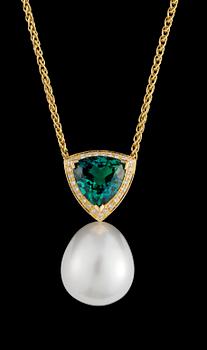 721. A South Sea cultured pearl and green tourmaline pendant.