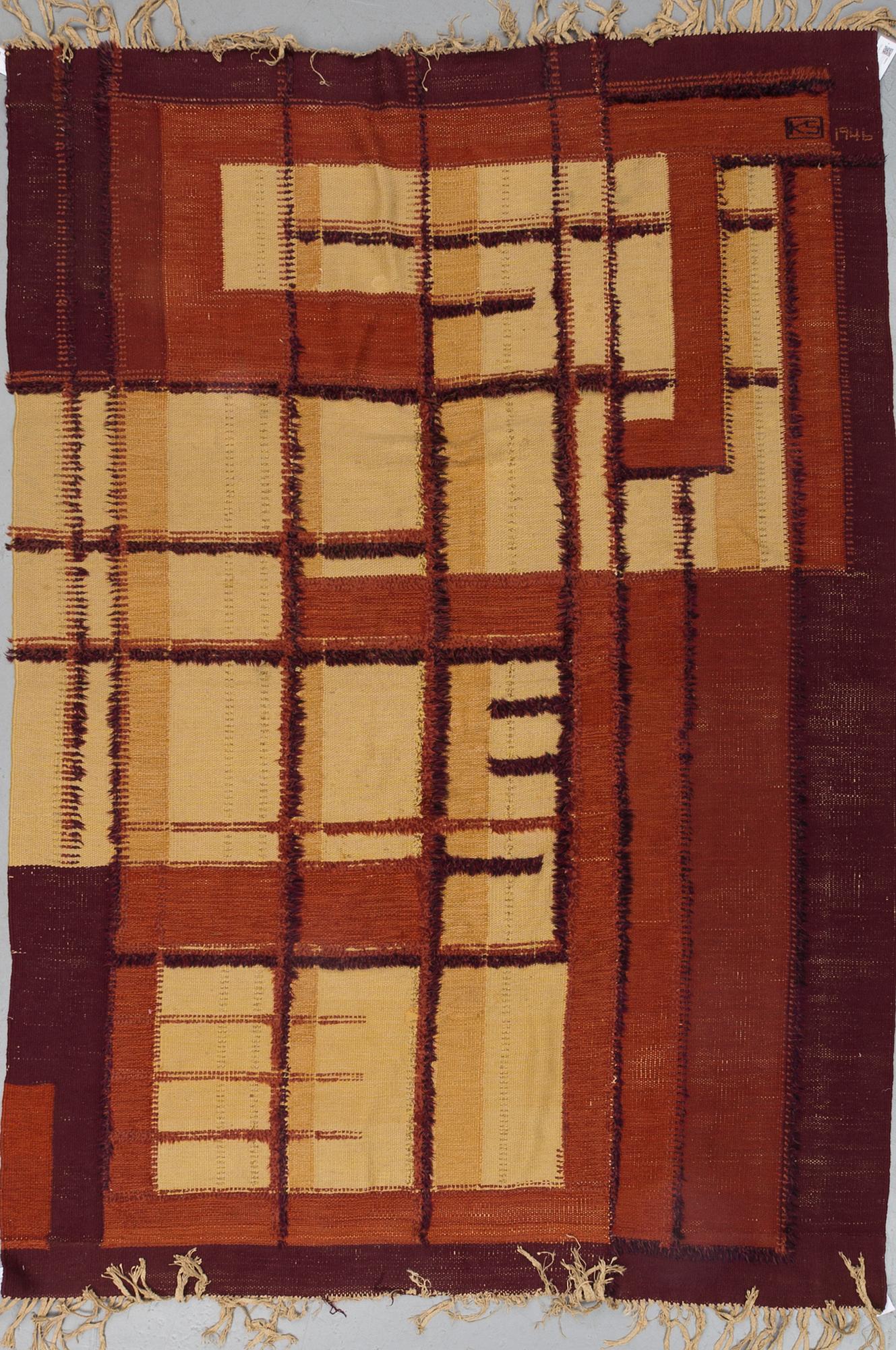A CARPET, knotted pile in relief and flat weave, ca 306,5 x 205 cm, signed KS 1946, Sweden, probably Scania.