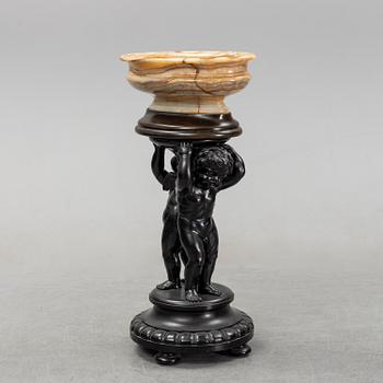 A wooden pedestal with onyx bowl, 20th Century.