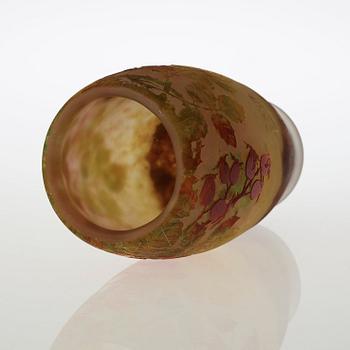 A Daum Art Nouveau cameo glass vase with rose-hips and leavage in autumn colours, Nancy, France.