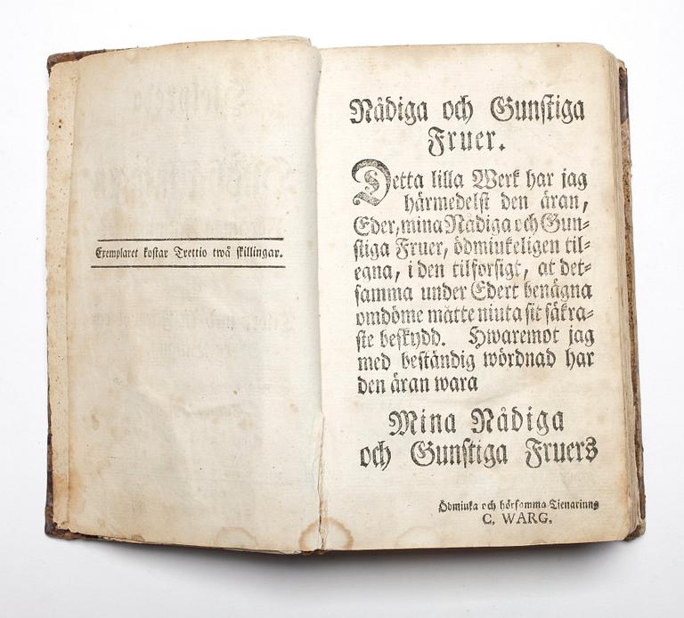 BOK, "Hjelpreda i hushållningen för unga fruentimmer" Cajsa Warg, 7e uppl, 1780.