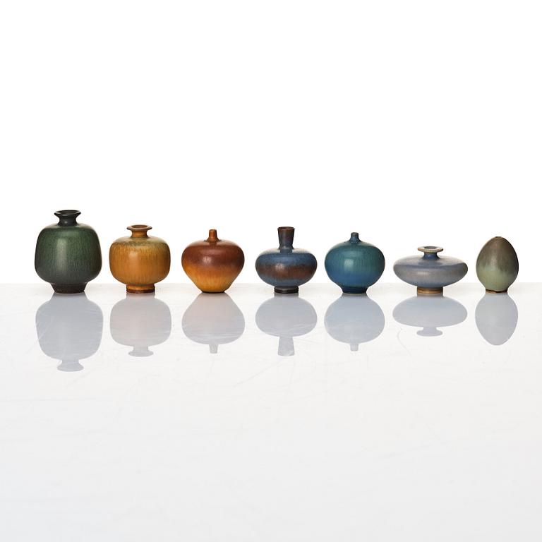 Berndt Friberg, a set of 17 stoneware miniature vases and bowls, Gustavsberg studio, Sweden 1950-60s.