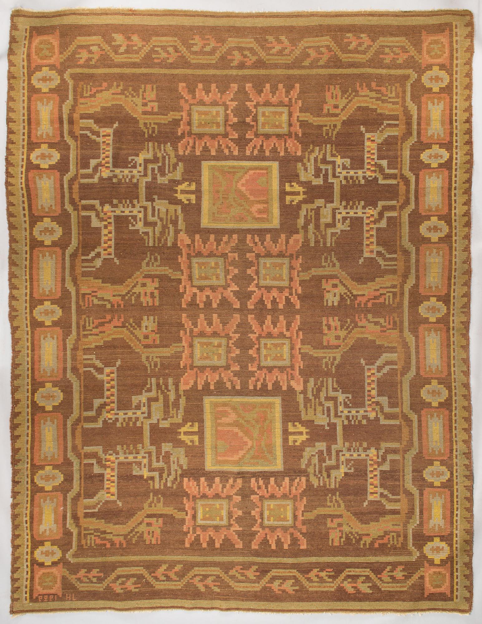Ryijymatto, signeerattu JH ja päivätty 1927. Noin 320 x 245 cm.