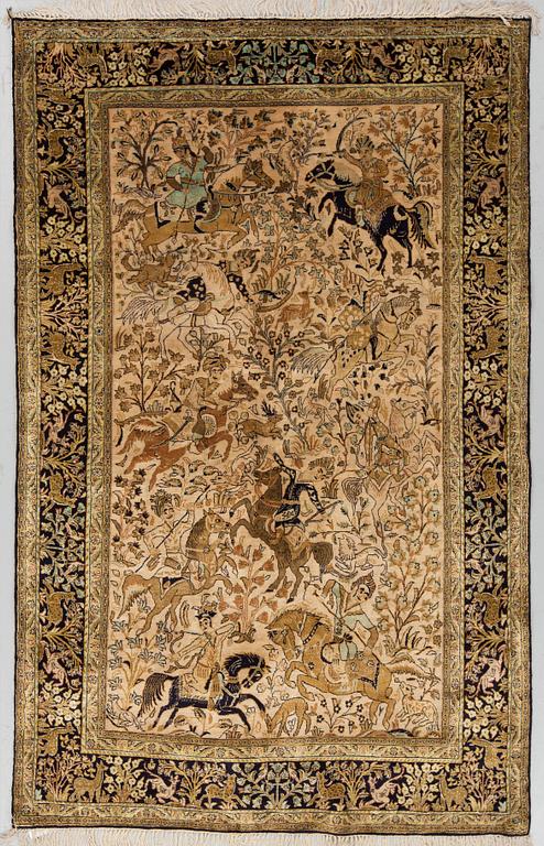 A RUG, silk Qum, around  207 x 132  cm.