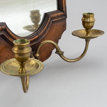 A pair  century wood and brass mirror wall sconces for two candles.c. 1900.