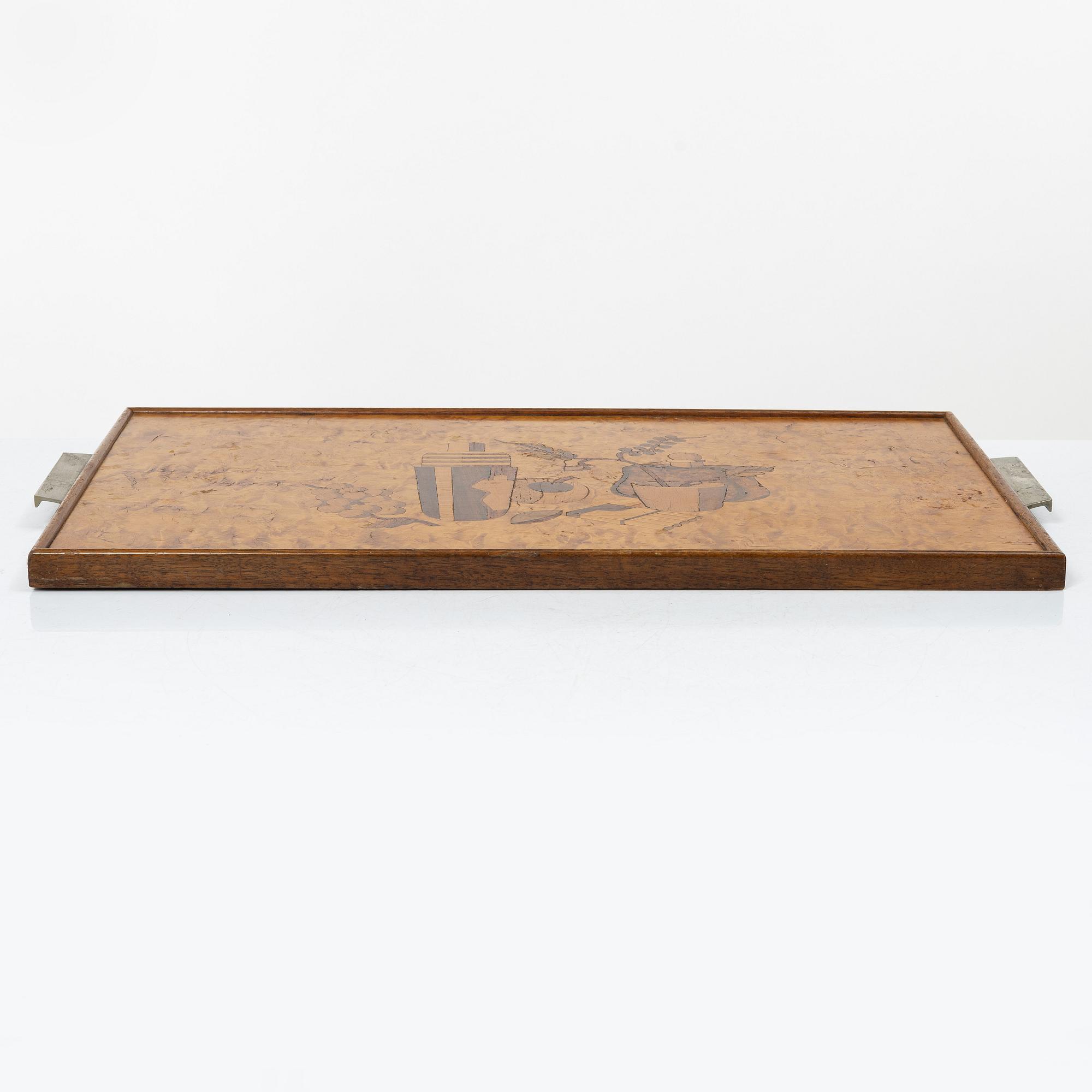 A Linder, tray "Cocktail", model number 67, Mjölby Intarsia, 1940s.