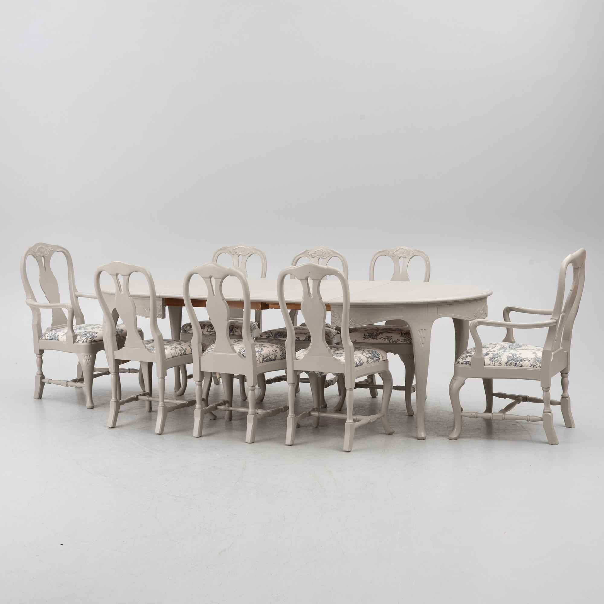 Dining table, 2 armchairs, 6 chairs, Rococo style, 20th century.