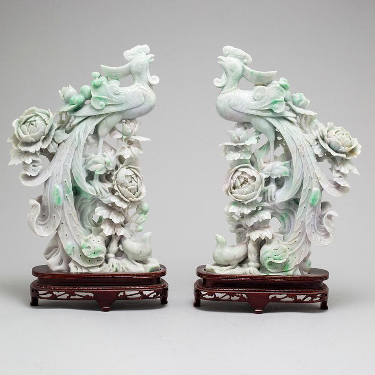 A pair of Chinese modern pale green and pale mauve stone carvings/sculptures, 20th century.