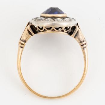 Ring, cameo model 14K gold with sapphire and old-cut diamonds.