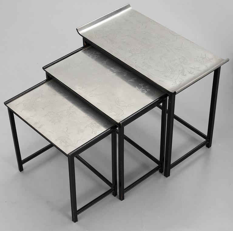 A Nils Fougstedt and Björn Trägårdh set of three engraved pewter top tables by Firma Svenskt Tenn ca 1930.