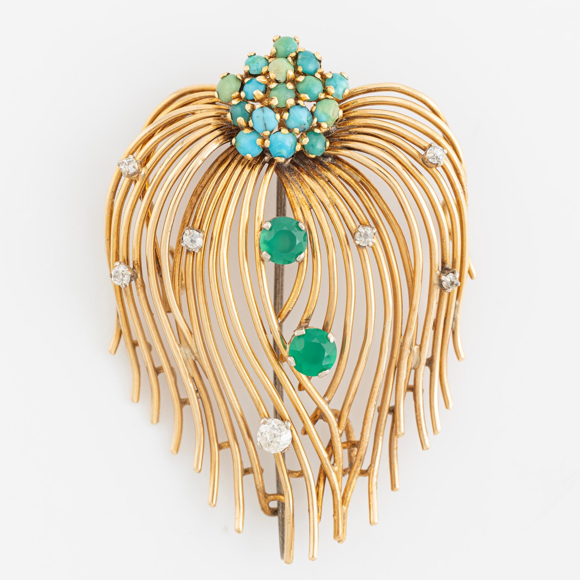 An 18K gold brooch set with turquoises, old-cut diamonds and green quartz.