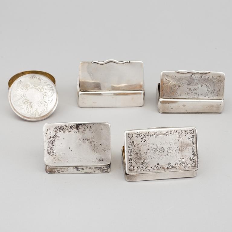 Five Swedish 19th century parcel gilt silver boxes, one by  Anders Gottlieb Herkepeus, Norrtälje, 1857. Weight 299 gram.