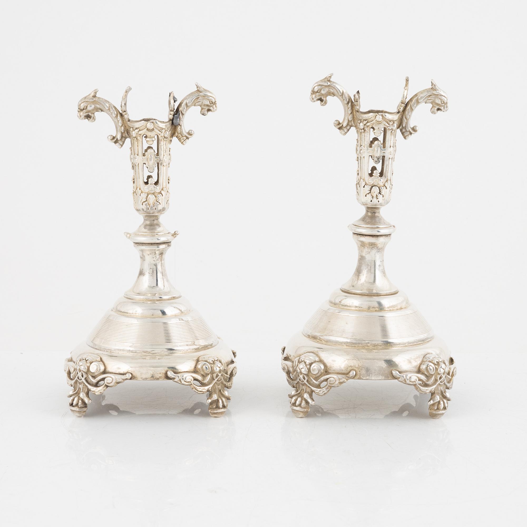 Württembergische Metallwarenfabrik, WMF, candlesticks, a pair of similar ones, nickel silver, circa 1900.