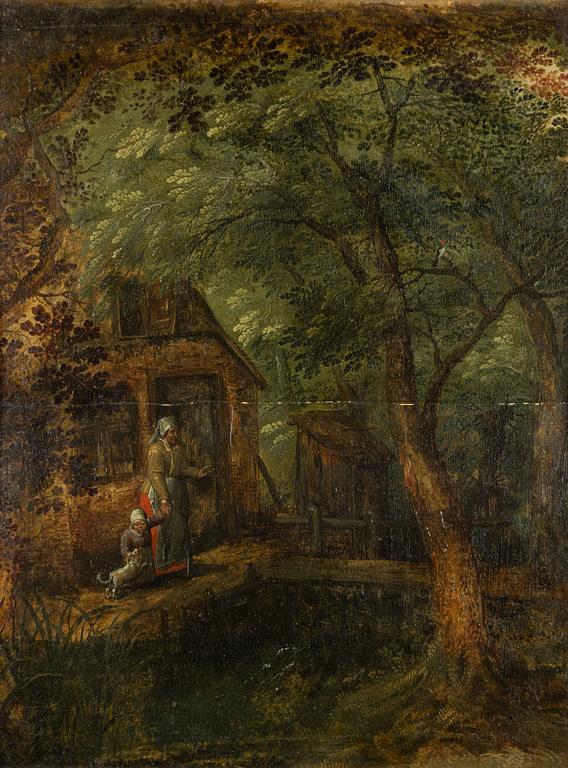 David Vinckboons, hans efterföljd, Mor, dotter och hund vid stuga.