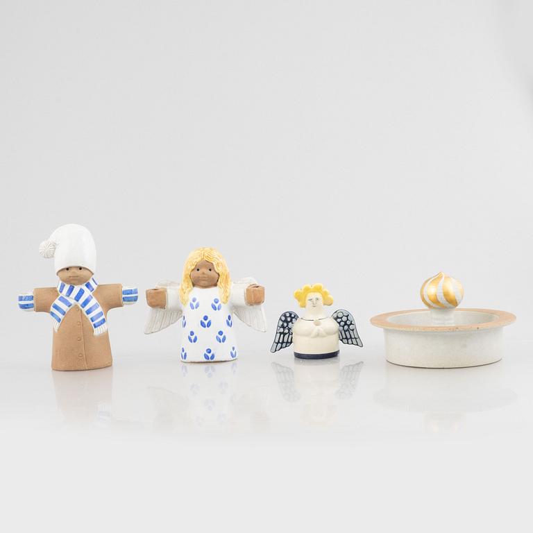 Lisa Larson, three stoneware candlesticks "Julius", "Juliana", "Angel" aswell as a bowl "Guldknopp",  Gustavsberg.