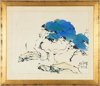 Pak No Su, A scholar in a landscape with a blue tree.