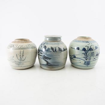 A set of three Chinese 19th century blue and white porcelain jars.
