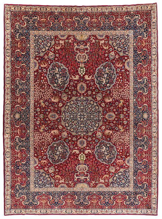 A semi-antique Benlian Tabriz carpet, signed Jabarzade, c. 416 x 308 cm.