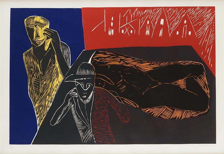 Mimmo Paladino, color wood cut, signed and numbered 3/65, dted 1984.