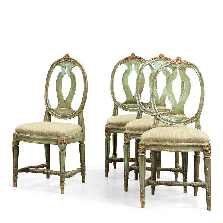 Four matched (2+2) Gustavian late 18th century chairs.