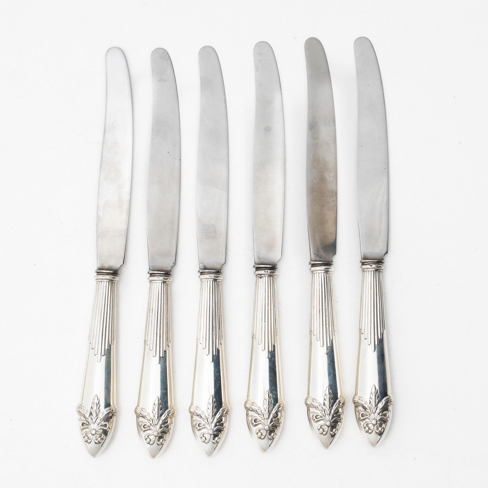 Matknivar, 6 st, silver, modell "Empire", GAB, Stockholm 1924.