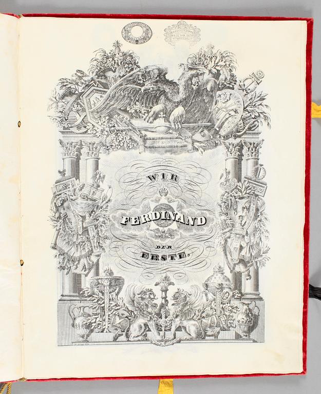 ADELSKAPSBREV, pergament och förgylld brons. Österrike 1838.